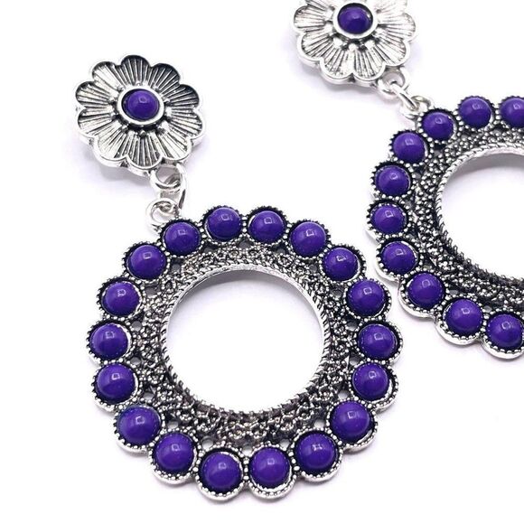 Silver with Purple Turquoise Boho South Western Native Post Back Earrings - Picture 4 of 6